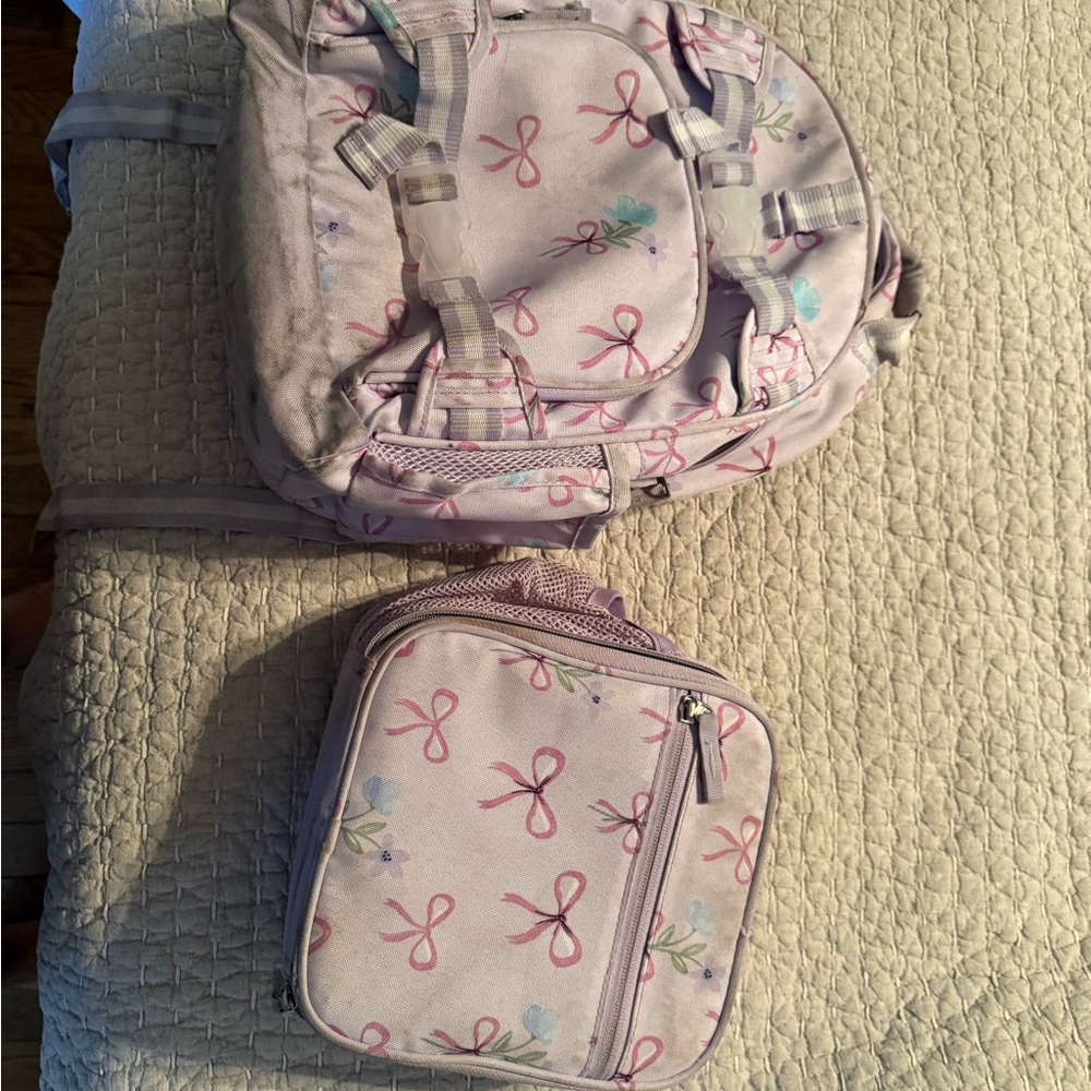 Pottery Barn Kids Pink and Purple Bow Backpack and lunch box